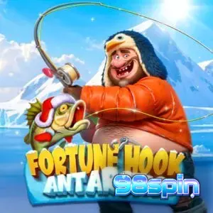 Tampilan antarmuka permainan slot Fortune Hook Antarctic dengan tema kutub dan simbol ikan.